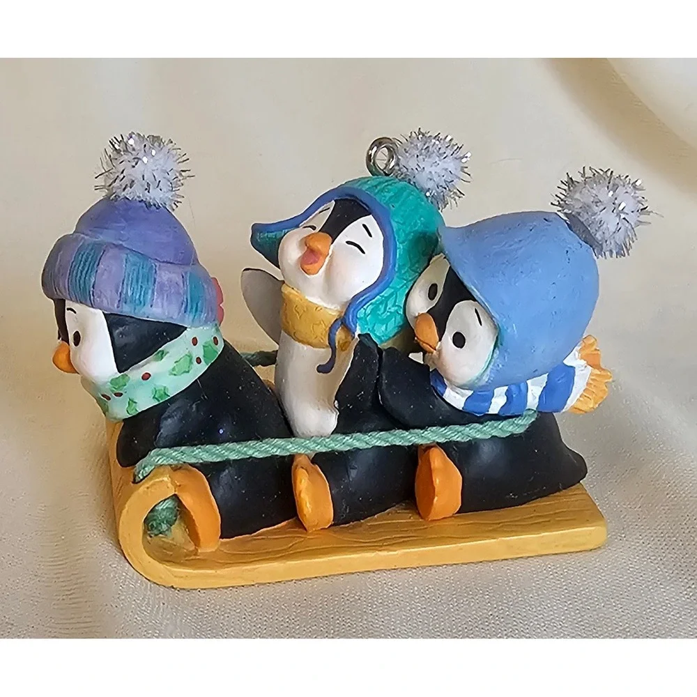 VTG Hallmark Penguin Sled Ornament OS Multi 2001 Winter Holiday Sledding Trio